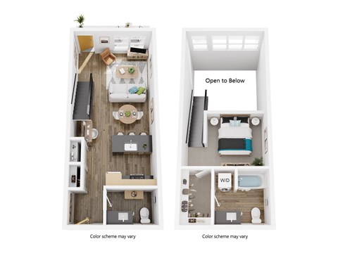 A diagram shows two different layouts for a small apartment.